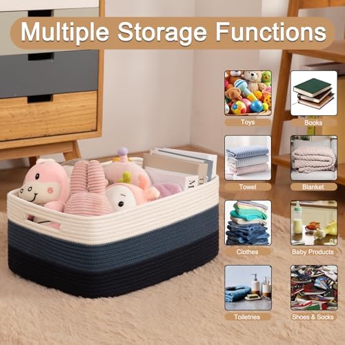 OIASKET Large Storage Basket for Organizing, Woven Rope Basket for Shelves, Closet Organizer Bins for Clothes, Blanket, Toys, Baby Nursery Storage, 17.7" x 13" x 7.87", 2 Packs Gradient Blue - Image 3