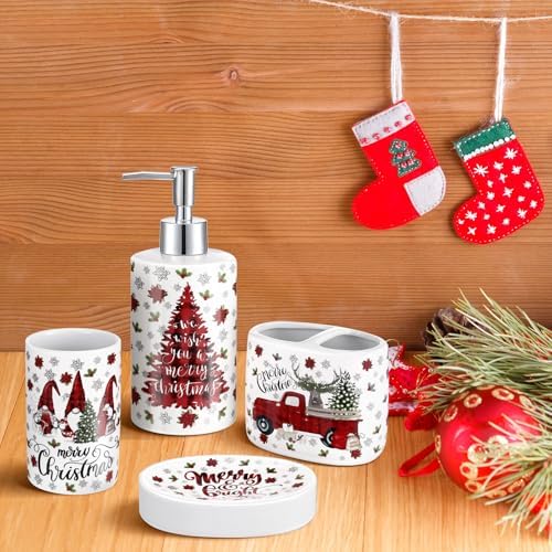 4 Pcs Christmas Ceramic Bathroom Accessories Gifts Xmas Bath Tumbler Xmas Tree Soap Dispenser Toothbrush Holder Soap Tray Merry Christmas Bathroom Decorations(Red and Black Plaid) - Image 5