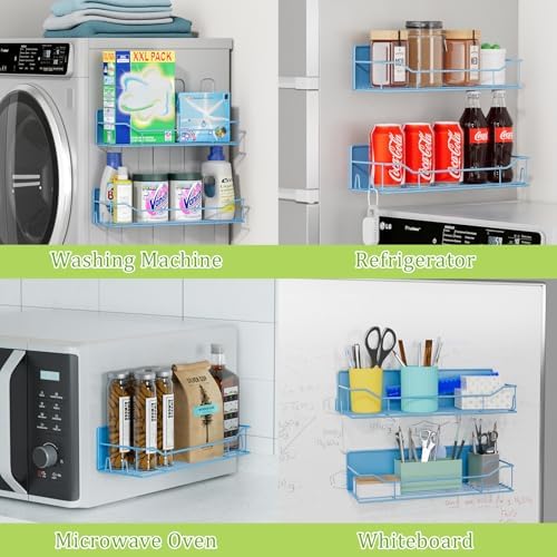 Magnetic Spice Rack for Refrigerator, 9 Pack Magnetic Fridge Shelves W/Adjustable Paper Towel Holder, Hook Rack, Moveable Spice Organizer Shelf for Kitchen Organization and Storage (Blue) - Image 7