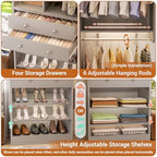 10FT Closet System with 4 Drawers, 120" Closet Organizer System with 6 Hanging Robs & Reversible Hanging Shelving, Closet Systems for Walk-in Closets, Load 2000+LBS, Morandi Grey 2 Pack - Image 5