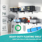 2 Pack Garage Wall Shelving, 46'' x 12.6'' Garage Shelf Wall Mounted, Heavy Duty Storage Shelves 360 LBS Capacity, Floating Storage Rack with 8 Hooks, Metal Shelf Organizer for Basement, Workshop - Image 2