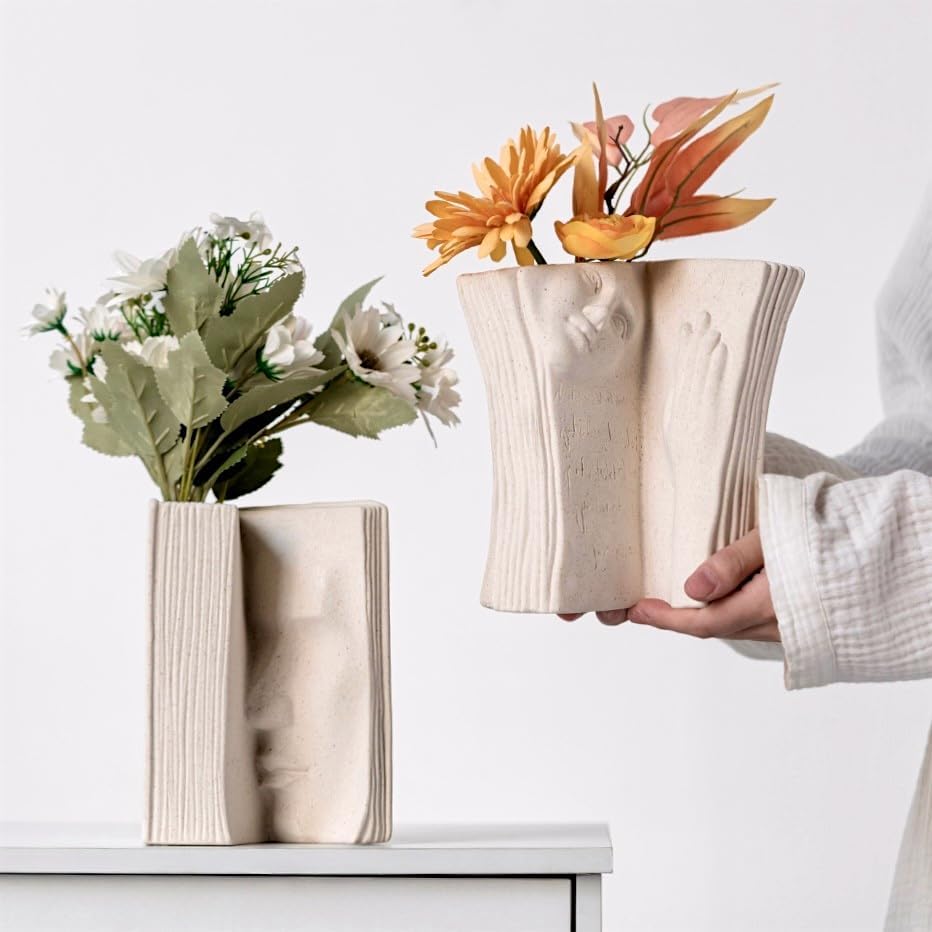 Heavy Bookend Vases for Shelves - Decorative Ceramic Bookend and Flower Vase, Unique Cream White Matte Finish, Aesthetic Home Office Library Decor, Set of Two w/Over 6 Inch Height - Image 3