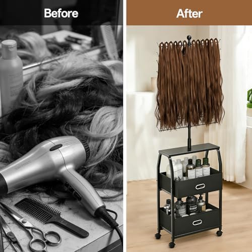 XINTUO Portable Braiding Hair Rack with Wheels & Storage Drawers,280 Pegs Hair Extension Holder Hanger for Braiding Hair Separator Stand Display,Hair Rack with Stylist Hair braiding Tools(Black) - Image 6