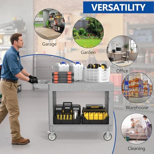 Large Garage Flat Top Utility Cart, Heavy Duty 2 Shelf Tool Cart Service Cart Rolling Push Carts with Ergonomic Handle 5" Swivel Casters. - Image 7