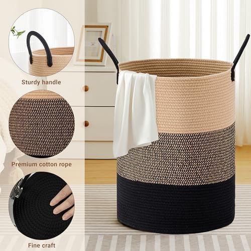 100L Extra Large Tall Cotton Rope Laundry Basket with Handle, Brown & Black - Image 3