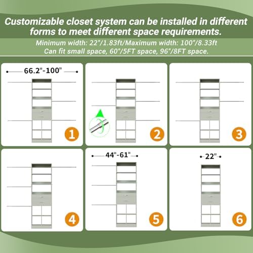 Besiost Closet System, 4-8 FT Closet Organizer Tower with 2 Wooden Drawers and 5 Hanging Rods, Can Fit 60 to 96 inch Walk-in Closet System, Crab Green - Image 5