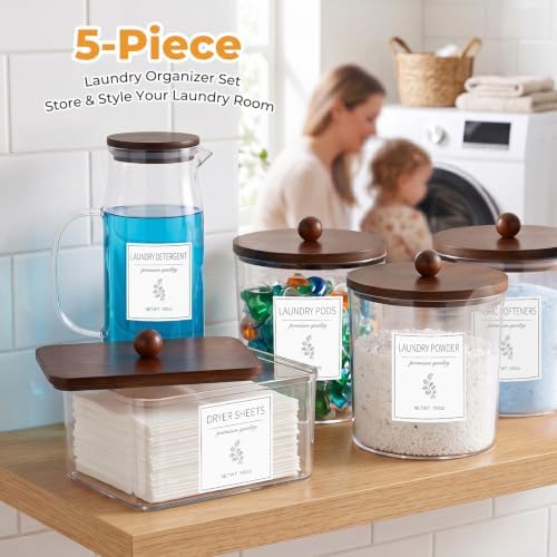 Acrylic Laundry Pod Containers and Dryer Sheet Holder & Glass Laundry Detergent Dispenser with Handle, Labels, and Spoons, for Laundry Room Organization and Storage (5 Pack, Brown) - Image 6