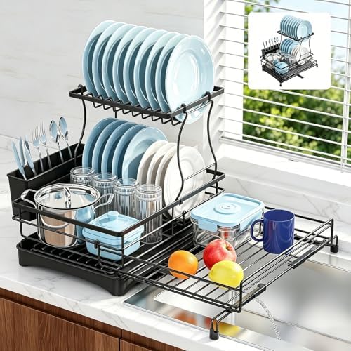2 Tier Dish Drying Rack, Large Extendable Dish Racks for Kitchen Counter , Dishrack with Drainboard, 2-in-1 Anti-Rust Stainless Steel Dish Drainer with Utensil Holder (Black, double of Dish Rack) by Unknown