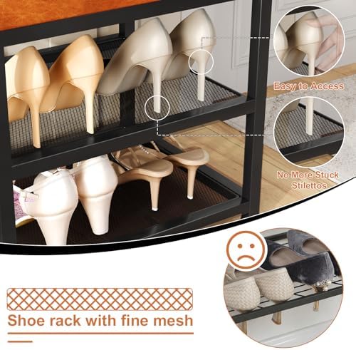 DreamDashio Set of 2 Small Shoe Storage Benches with PU Leather Cushion, 3-Tier Shoe Rack Organizer for Entryway, Metal Mesh Shelves, Holds Up to 300 lbs, Brown (31.5"x11.4"x17.5") - Image 6