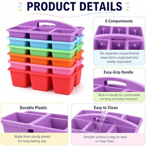 6 Pack Classroom Caddy with Handle, 6 Compartment (Rainbow) - Image 3
