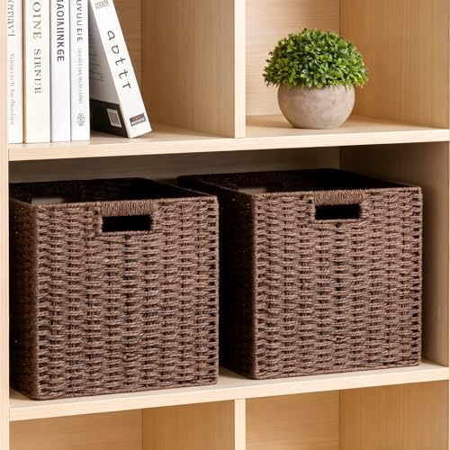 UBBCARE 2 Pack Wicker Basket, 11L×11H×10.5W inch Woven Paper Rope Storage Baskets for Shelves, Foldable Cube Storage bin with Handle, Storage Basket for Organizing & Decor, Brown - Image 4