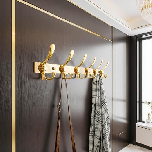 Dseap Coat Rack Wall Mount 24 Inch, Heavy Duty 12-Gauge Base vs Flimsy 1mm, Double-Thick Solid Anti-Snap Hooks, Stainless Steel 6-Hook Hanger Organizer for Clothes Hat Closet Entryway, Gold - Image 4