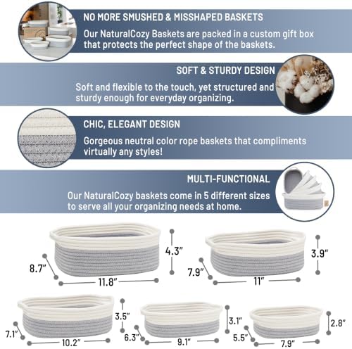 NaturalCozy 5-Piece Rectangle Storage Basket Set- Natural Cotton Rope Woven Baskets for Organizing! Small Basket for Montessori, Baby Nursery, Dog Toy Baskets, Cat Toy Box, Bathroom Organization Bin - Image 2