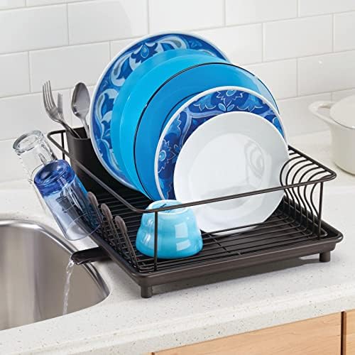 mDesign Alloy Steel Sink Dish Drying Rack Holder with Plastic Swivel Spout Drainboard Tray - Dish Rack/Dish Drainer Storage Organizer for Kitchen Counter - Concerto Collection, Bronze - Image 3