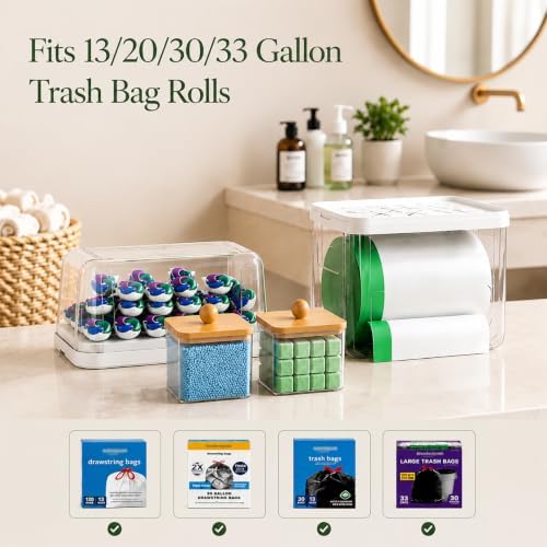 Trash Bag Holder & Dishwasher Pod Dispenser with 2 Bamboo Lid Storage Containers, Clear Acrylic Under Sink Organizer for Garbage Bags, Laundry Detergent Pods & Tabs, Kitchen Pantry Laundry Room - Image 6