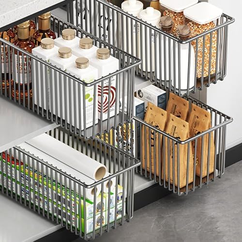 Pull Out Cabinet Organizers 2 Pack, Black Metal Storage Basket - Image 6