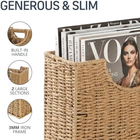 Coeusy Wicker Magazine Basket, Paper Rope Woven Magazine Holder for Files, Books, Documents, Newspapers, Narrow Boho Organizer and Storage Bins with Handle for Office, Living Room, Bathroom (Natural) - Image 3