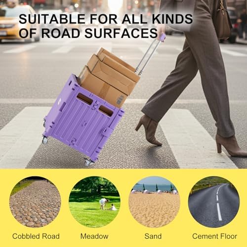 Foldable Utility Cart Folding Portable Rolling Crate Handcart with Durable Heavy Duty Plastic Telescoping Handle Collapsible 4 Rotate Wheels for Travel Shopping Moving Luggage Office Use (Purple) - Image 6