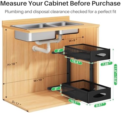 Under Sink Organizer, 2 Pack 2 Tier Pull out Cabinet Organizer Baskets with Mesh Sliding Drawers, Slide out Sink Storage Shelves for Home, Kitchen, Bathroom, Pantry, Office Organizers and Storag,Black - Image 2