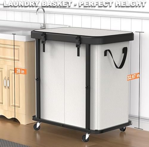 Laundry Basket with Wheels,190L (50 Gal) Laundry Hamper 2 Setion - Beige - Image 4