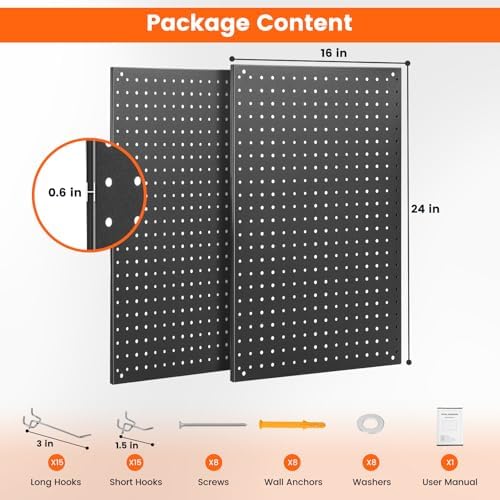 ENJOYWOOD Pegboard, 2 PCS 24"×16" Metal Peg Board Panels Black Modular Wall Organizer Kit with 30 Hooks, Dual-Size Hole Design for Home Tool Storage, Garage Organization, Kitchen, Office, Craft Room - Image 2