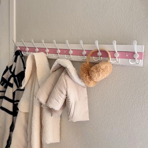 SKOLOO Coastal Coat Rack Wall Mount-38.12" Beach House Entryway Wooden Coat Hook with 10 Hooks for Hanging Coats, Hats or Towels, Oceanfront Cottage Core Collection, White & Palm Beach Pink, Pack of 2 - Image 3