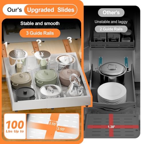 Pull out Cabinet Organizer Expandable W(12"-20") and D(16"-22"), No Drill Adjustable Slide Out Drawers With 3 Slide Rails, 2Pcs Magnetic Panel, Adhesive Roll out Shelves for Kitchen, Cabinets, Pantry - Image 3
