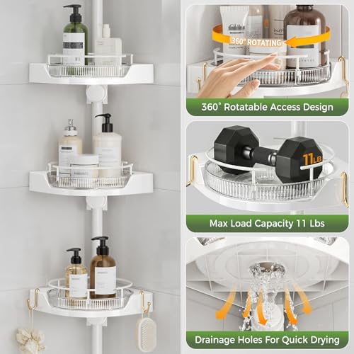 Coner Shower Caddy Tension Pole with 4 Lazy Susan Bathroom Corner Organizer 360° Rotating 35-128 Inch No Drilling Floor Standing Shelves Adjustable Shower Rack for Bathroom(White) - Image 6