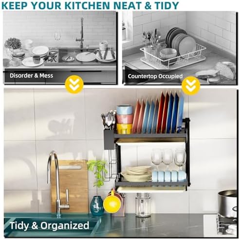 Hanging Wall Mounted Dish Drying Rack, Cutting Board Rack*1, Hook*4, Drain Tray*2, Apartment & RV Wall Mounted Dish Rack, Small Kitchen & Clean Countertop Solution, 2 Layers & 16“ long, Black - Image 4