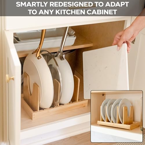 Pot and Pan Organizer for Under Cabinet – Bamboo Pot Lid Organizer for Cabinet with Magnetic Lock, Expandable 2-in-1, Adjustable Dividers, Non-Slip Base for Cutting Boards, Cookie Sheets, Bakeware - Image 6