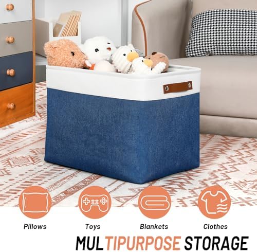 DULLEMELO Large Storage Baskets with Leather Handles for Linen Closet and Home Office, Decorative Baskets for Toys Storage (White & Blue) - Image 3
