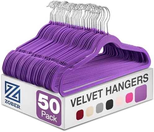 Zober Purple Velvet Hangers 50 Pack, Slim Non Slip Clothes Hangers by ZOBER