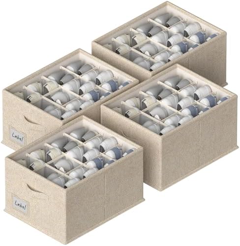 FHSQX 4 Pack Shoe Organizer for Closet,Foldable Shoe Organizer,Fits up to 48 Pairs,Storage Containers With Bottom Support for Shoes (Beige, (16.5 * 12.6 * 9.5) x4) by FHSQX