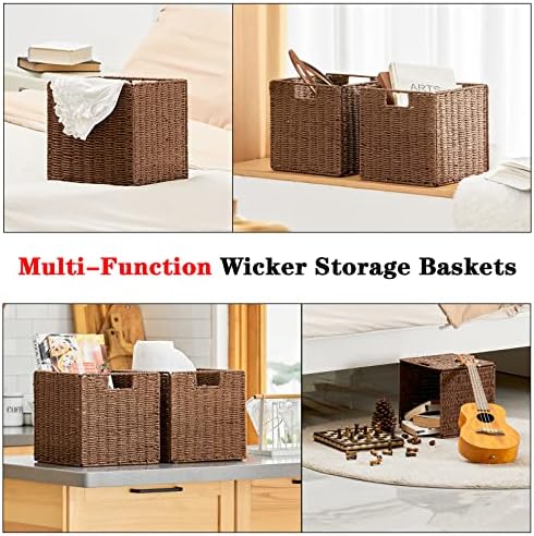 Vagusicc Wicker Storage Basket, Set of 2 Hand-Woven Storage Baskets for Shelves with Handles, Foldable Cube Storage Baskets Bins Organizer, 13 inch Large Wicker Baskets for Pantry Bedroom Decor, Brown - Image 5