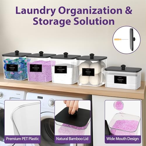 COAZEX 4+1 Pack Clear Laundry Pods Container & Dryer Sheet Holder Black Lid - Image 4