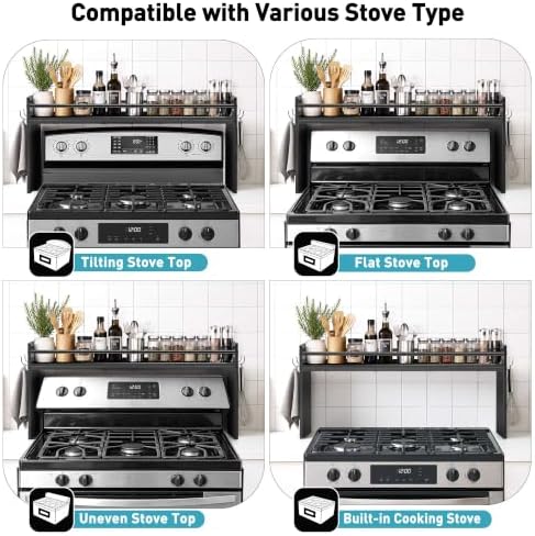 Spice Rack Shelf for Kitchen Stove, Over The Stove Shelf with 4 Hooks, Premium Wood & Metal Commbined Spice Rack Organizer Extra Storage Countertop (Black) - Image 5