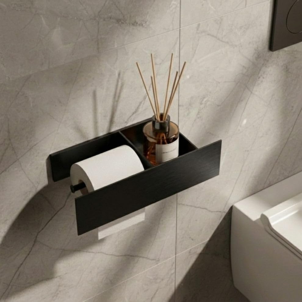GRANDMIX Wall Mounted Toilet Paper Holder with Shelf – Modern Matte Black Metal Bathroom Tissue Roll Holder with Storage Tray for Phone, Air Freshener & Accessories - Image 4