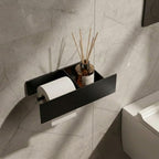 GRANDMIX Wall Mounted Toilet Paper Holder with Shelf – Modern Matte Black Metal Bathroom Tissue Roll Holder with Storage Tray for Phone, Air Freshener & Accessories - Image 4