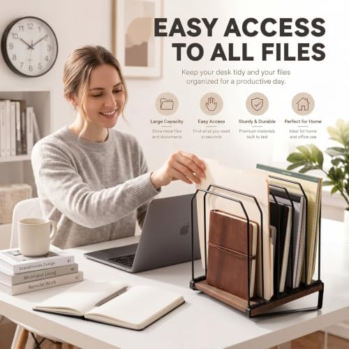 2 Pcs 5 Section Inclined Vertical Desk File Organizer Metal Frame Wood Base - Image 4