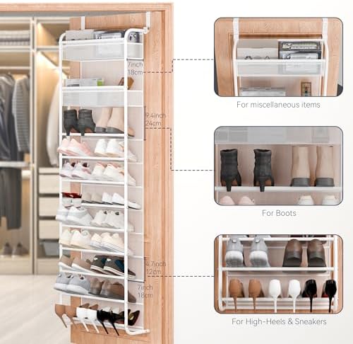 Whitmor 27 Pair Over The Door Shoe Organizer, 11 Tier Hanging Shoe Organizer, Heavy Duty Metal & Mesh Shoe Holder, Hanging Shoe Rack for Closet Organizer & Storage, 7.5 L x 21.7 W x 79.9 H, White - Image 6