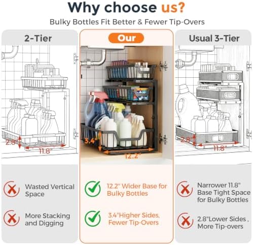 Under Sink Organizer, 2-Pack 3-Tier Height Adjustable Thickened Metal Pull out Cabinet Organizer Shelf, Slide out Storage Drawer Rack for Bathroom Kitchen Pantry Home Laundry Organization (Black) - Image 2