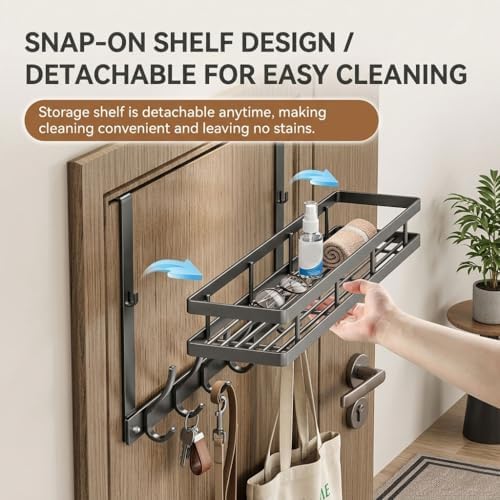 Over the Door Hooks with Storage Basket, Space Saving Over the Door Organizer, Carbon Steel Door Hanger Organizer Detachable Storage Basket, Tool-Free Door Hooks (Black 6 Hooks) - Image 6