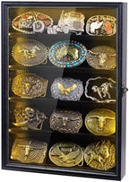 Belt Buckle Display Case, 5 Belt Buckle Holders Included, 17x12 Black Shadow Box with LED Light, Wall-Mounted Men's Belt Clip Storage Box, Lockable by Unknown