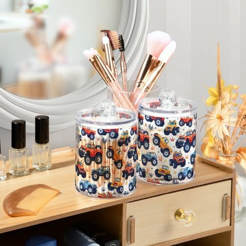 4 Pack Qtip Holder Dispenser with Lids,Cute Monster Trucks Plastic Storage Containers,Bathroom Canisters Organizer for Cotton Ball,Cotton Swab,Cotton Round Pads,Floss 21219995 - Image 5