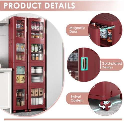 VECELO 4-Tier Narrow Storage Cabinet with Wheels, Red - Image 4