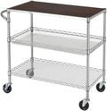 Finnhomy 3 Tier Heavy Duty Commercial Grade Utility Cart with Wood Top, Wire Rolling Cart with Wheels and Handle Bar, Kitchen Carts on Wheels, 18x36x35.4 H Metal Cart with 600 LBS Capacity, Chrome by Finnhomy