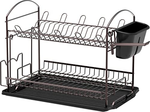 Simple Houseware 2-Tier Dish Rack with Drainboard, Bronze - Image 2