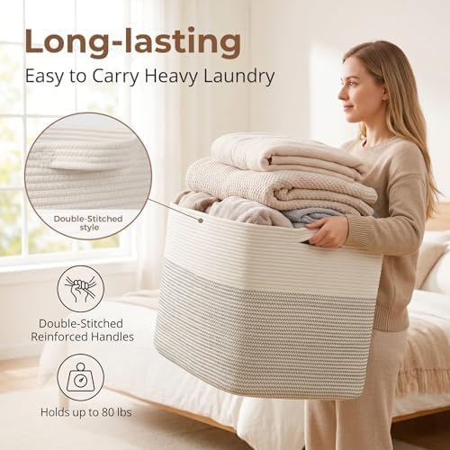 OIASKET 108L Cotton Rope Storage Basket for Living Room and Bedroom 25"x16"x16" Woven Laundry Basket, Heavy Duty Bin for Blankets, Pillows & Toys, Pet-Safe & Scratch-Free, Black and White - Image 3