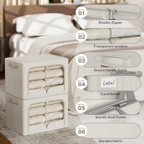 FHSQX 3 Pack Clothes Storage Bins - Foldable Metal Frame Storage Box - Stackable Linen Fabric Container Organizer Set with Carrying Handles and Clear Window (Beige, 19.7x15.7x13inch(66L)) - Image 4