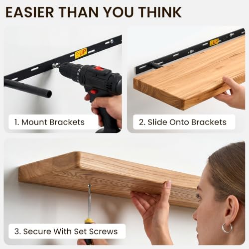 Fun Memories Floating Shelves for Wall, 48"x9.3" Rustic Solid Elm Wood Wall Shelves, Heavy-Duty Mounted Shelves with Invisible Brackets for Living Room, Bedroom, Kitchen, Natural Finish - Image 6